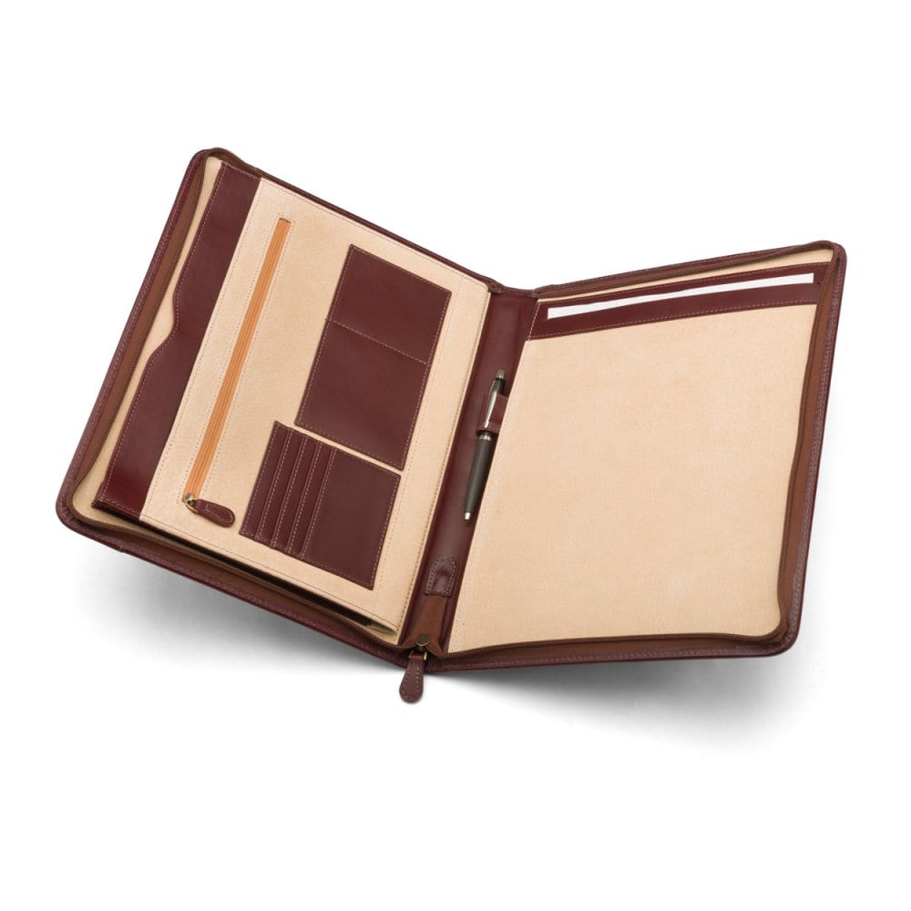 Leather A4 Zip Padfolio, Dark Tan | Document Cases | SageBrown