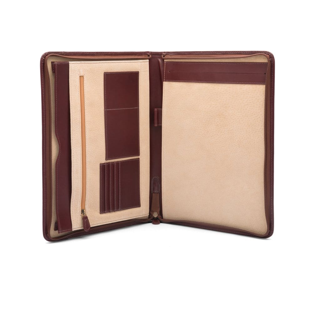 A4 leather notepad folder, dark tan, open