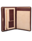 A4 leather notepad folder, dark tan, open