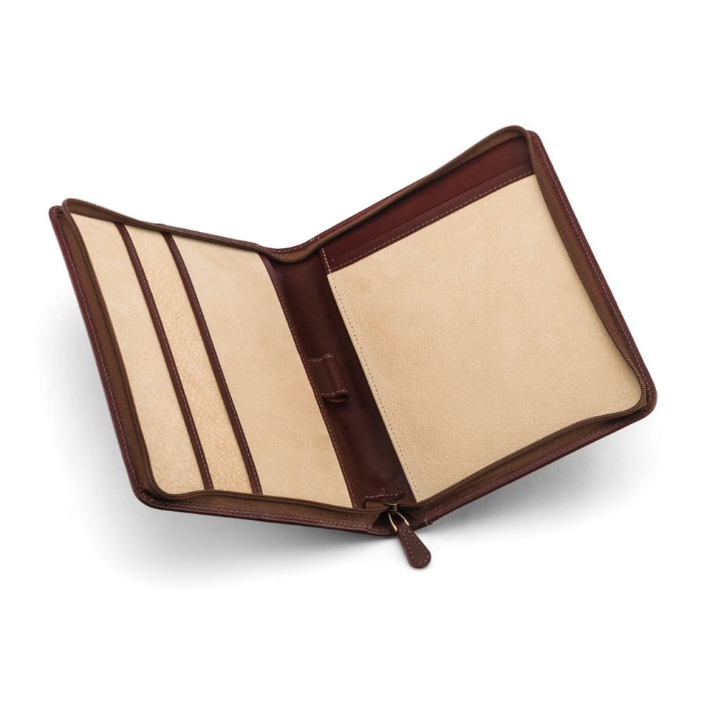 A5 zip around leather folder, dark tan, inside