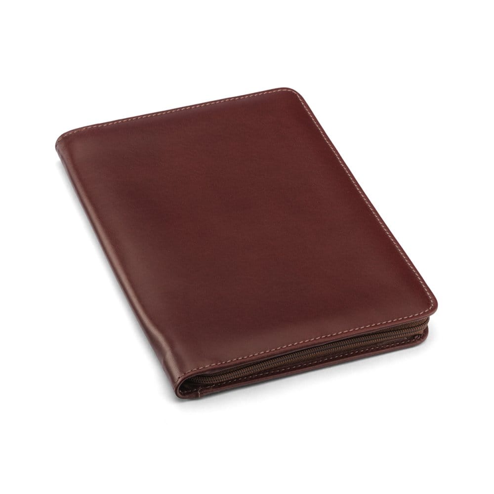 A5 zip around leather folder, dark tan, front