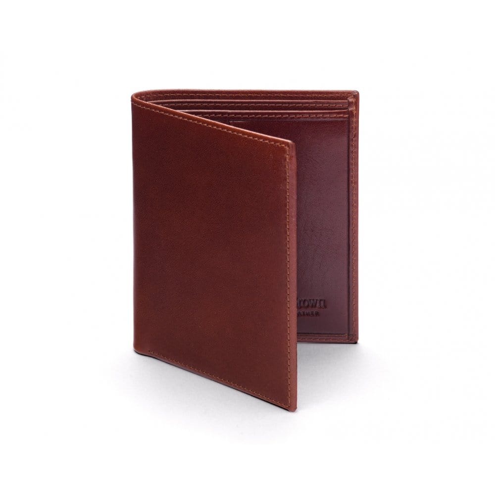 Bifold leather wallet with 6 credit cards, dark tan, front