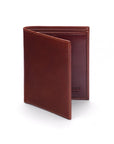 Bifold leather wallet with 6 credit cards, dark tan, front