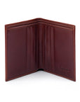 Bifold leather wallet with 6 credit cards, dark tan, open