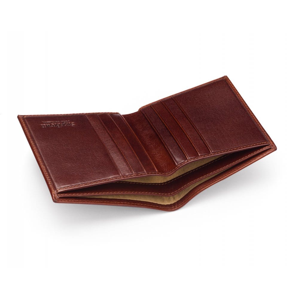 Bifold leather wallet with 6 credit cards, dark tan, inside