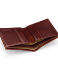 Bifold leather wallet with 6 credit cards, dark tan, inside