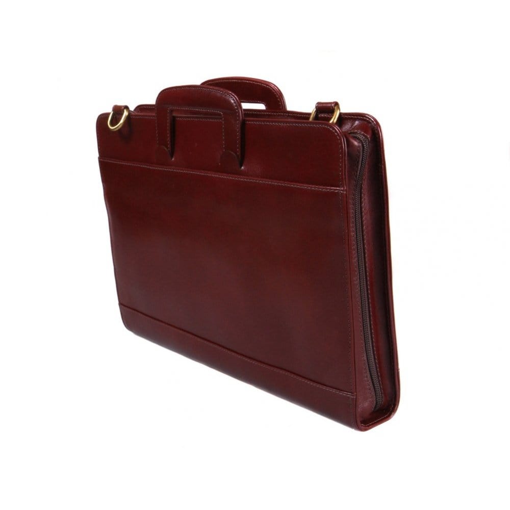 Leather briefcase with retractable handles, dark tan, side
