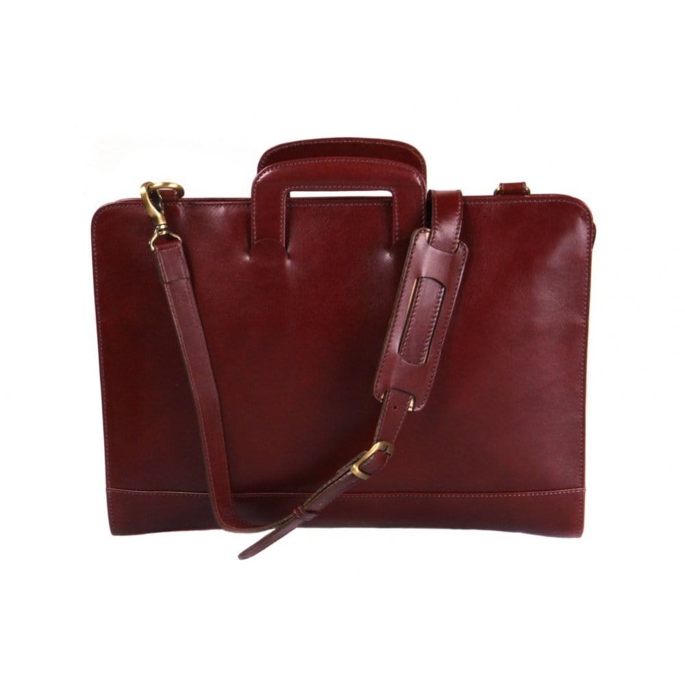 Leather briefcase with retractable handles, dark tan, with shoulder strap