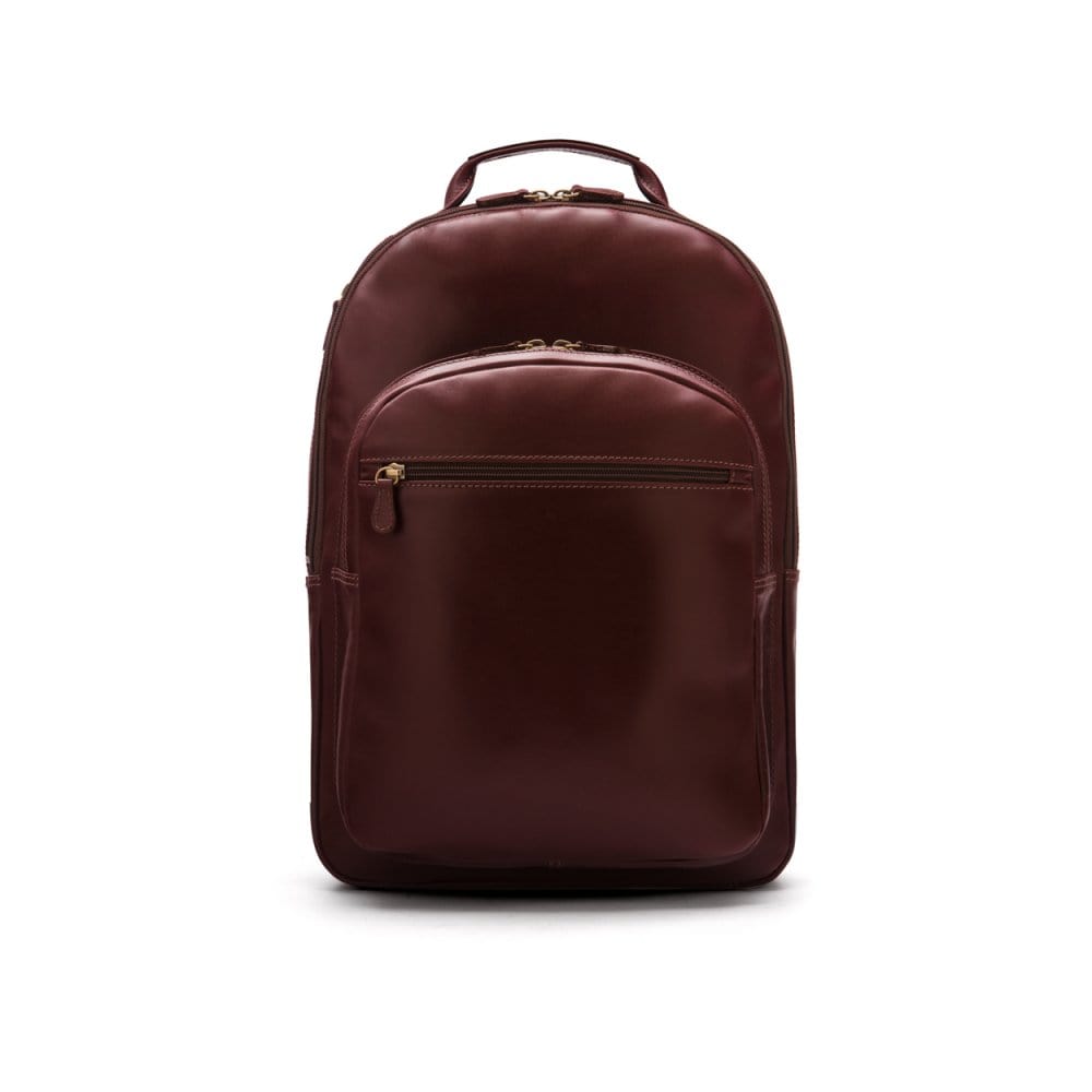 Men's leather 15" laptop backpack, dark tan, front