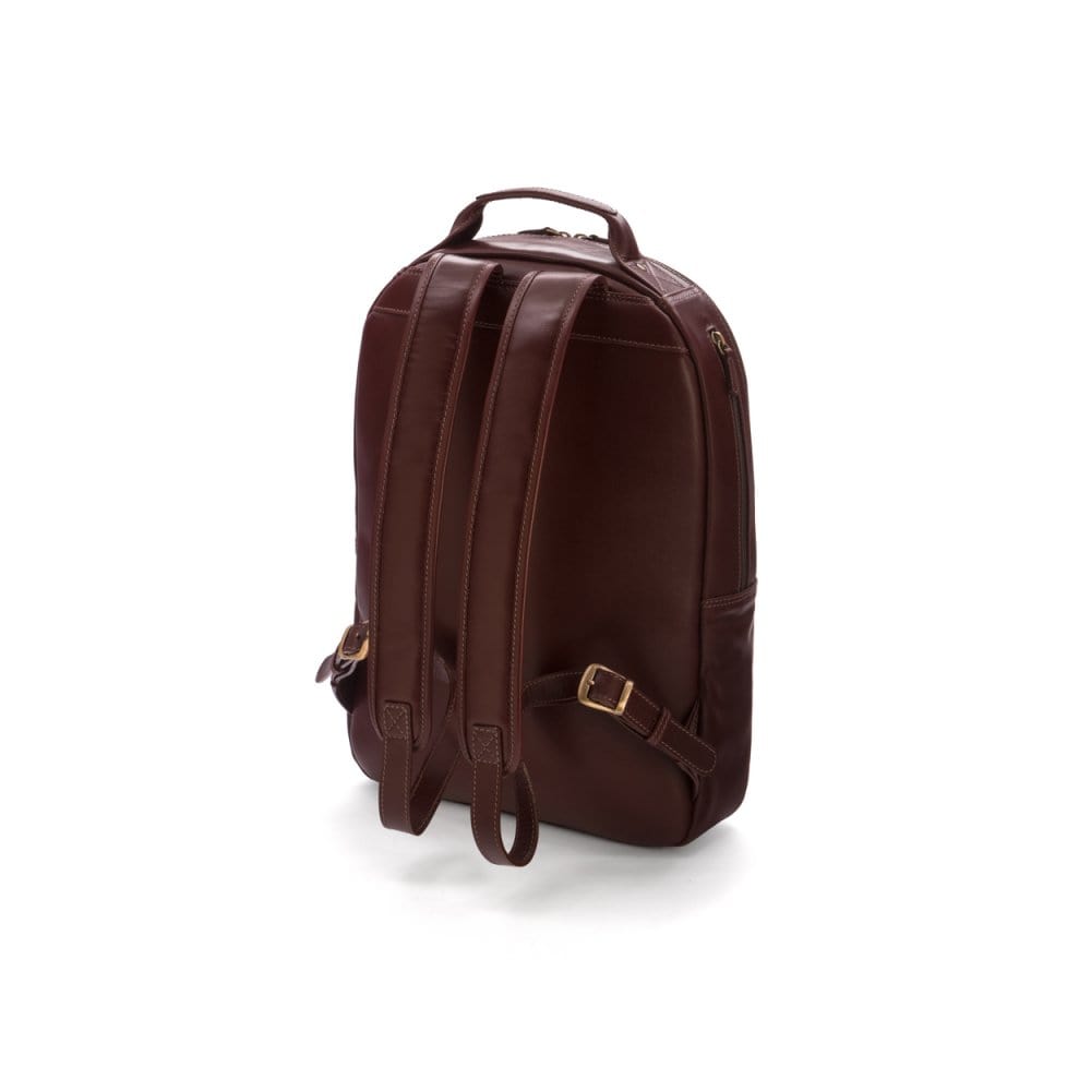 Men's leather 15" laptop backpack, dark tan, back view