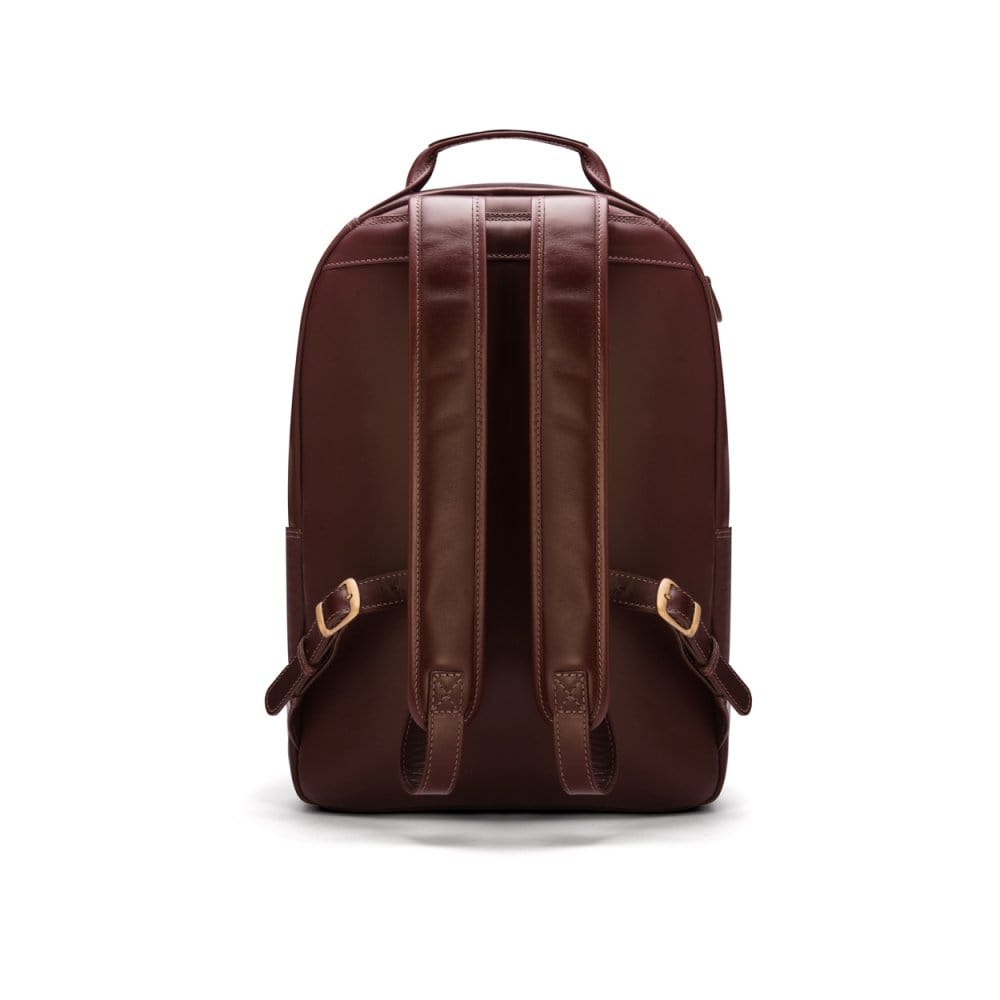 Men's leather 15" laptop backpack, dark tan, back