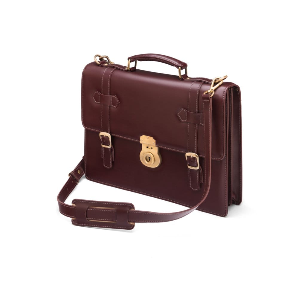 Leather Cambridge satchel briefcase with brass lock, dark tan, side