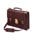 Leather Cambridge satchel briefcase with brass lock, dark tan, side