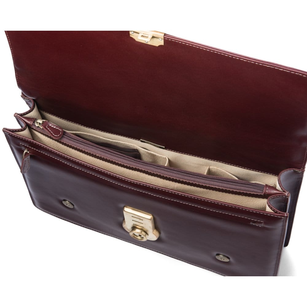 Leather Cambridge satchel briefcase with brass lock, dark tan, inside