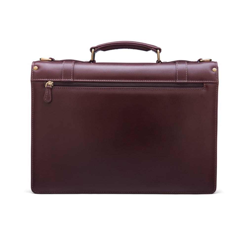 Leather Cambridge satchel briefcase with brass lock, dark tan, back