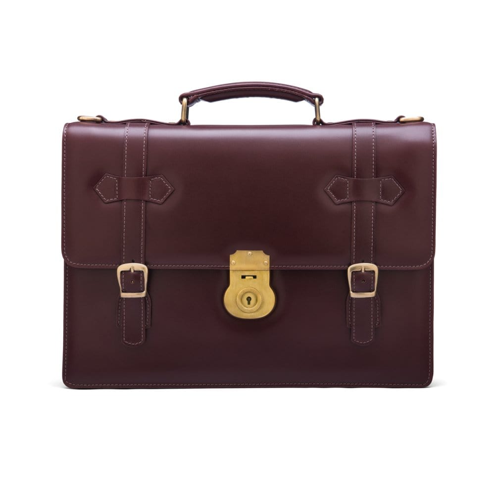 Leather Cambridge satchel briefcase with brass lock, dark tan, front