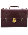 Leather Cambridge satchel briefcase with brass lock, dark tan, front