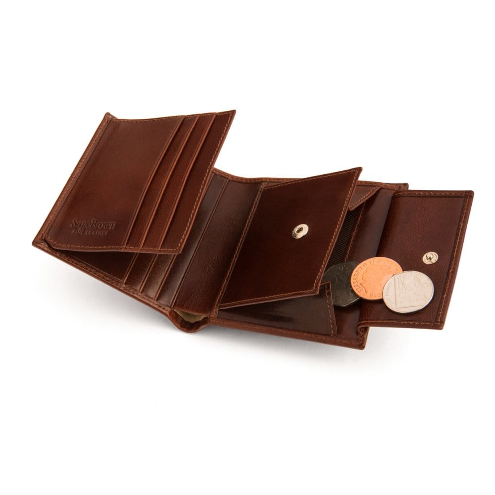 Leather wallet with coin purse, dark tan, open