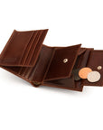 Leather wallet with coin purse, dark tan, open