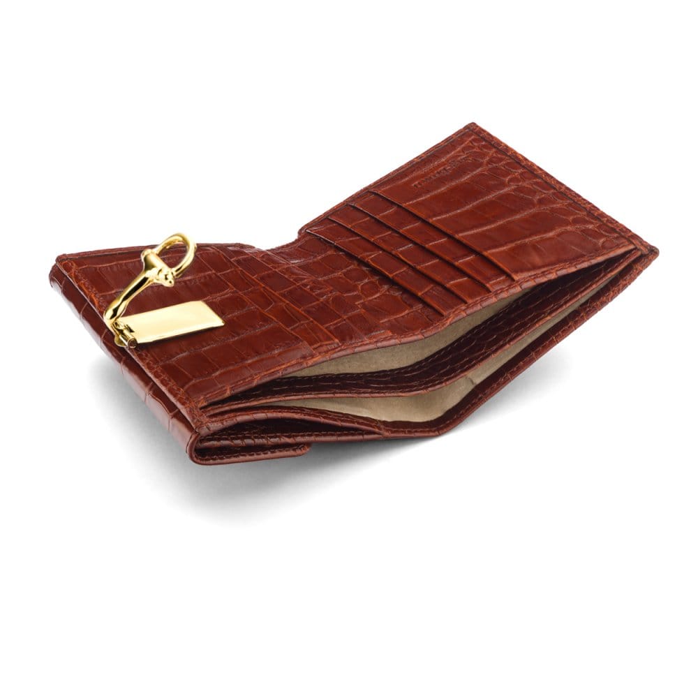 Leather purse with brass clasp, dark tan croc, inside