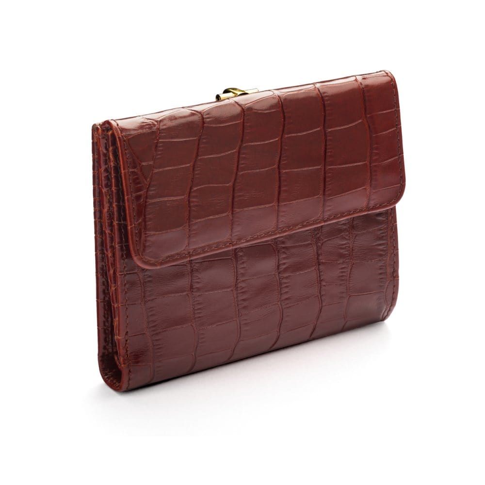 Leather purse with brass clasp, dark tan croc, back