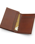 Expandable leather business card case, dark tan, inside