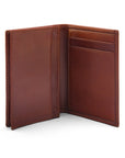 Expandable leather business card case, dark tan, open