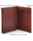 Expandable leather business card case, dark tan, features