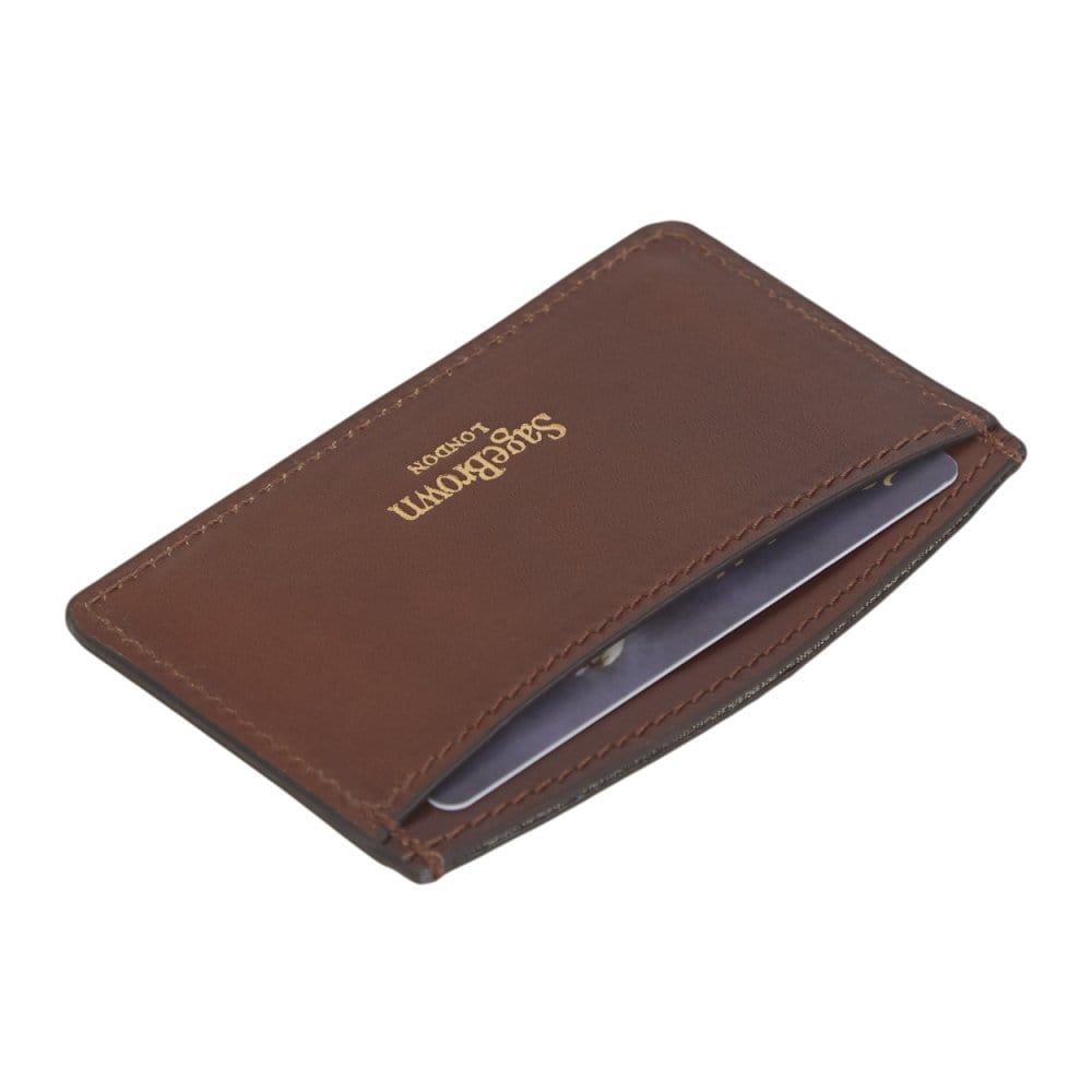 Dark Tan Flat Leather Credit Card Case With RFID Blocking Lining