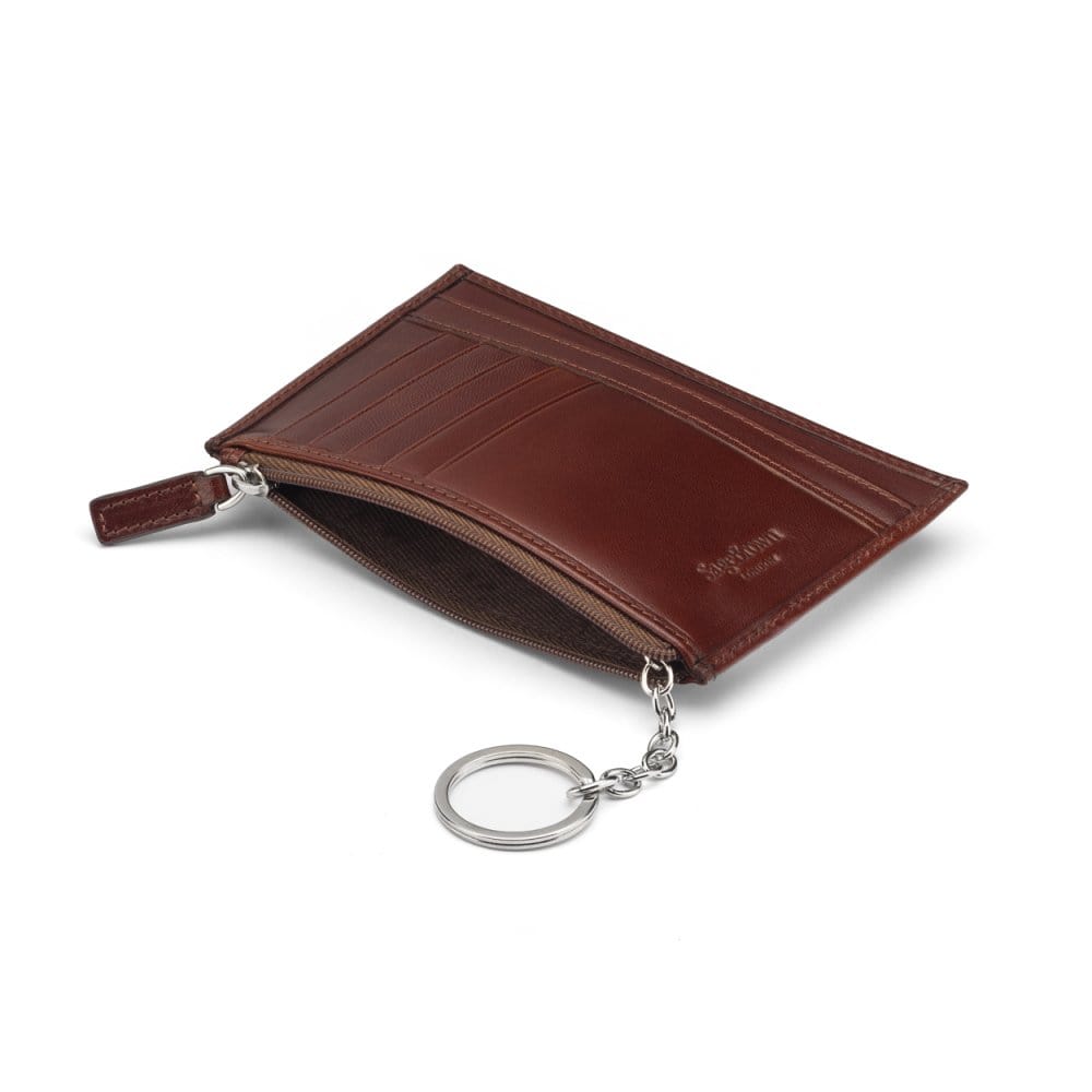 Flat leather card wallet with jotter and zip pocket, dark tan, open