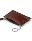 Flat leather card wallet with jotter and zip pocket, dark tan, open