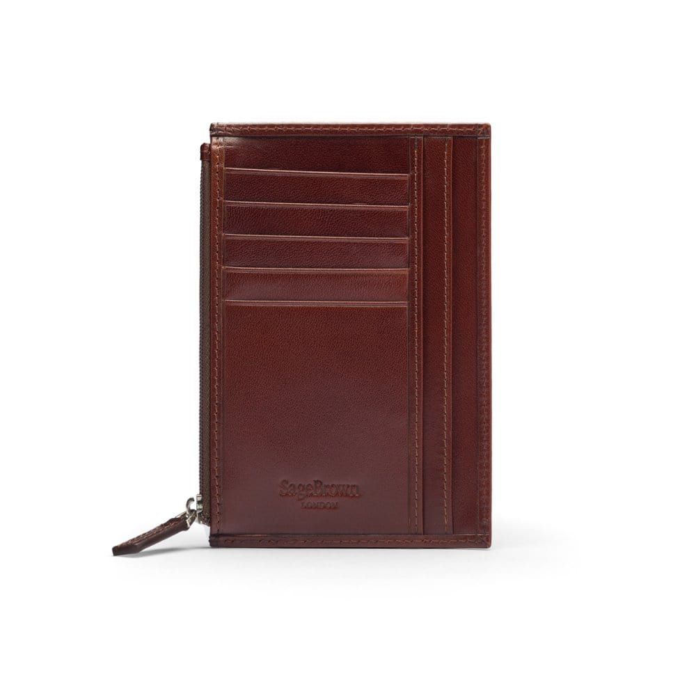 Flat leather card wallet with jotter and zip pocket, dark tan, back