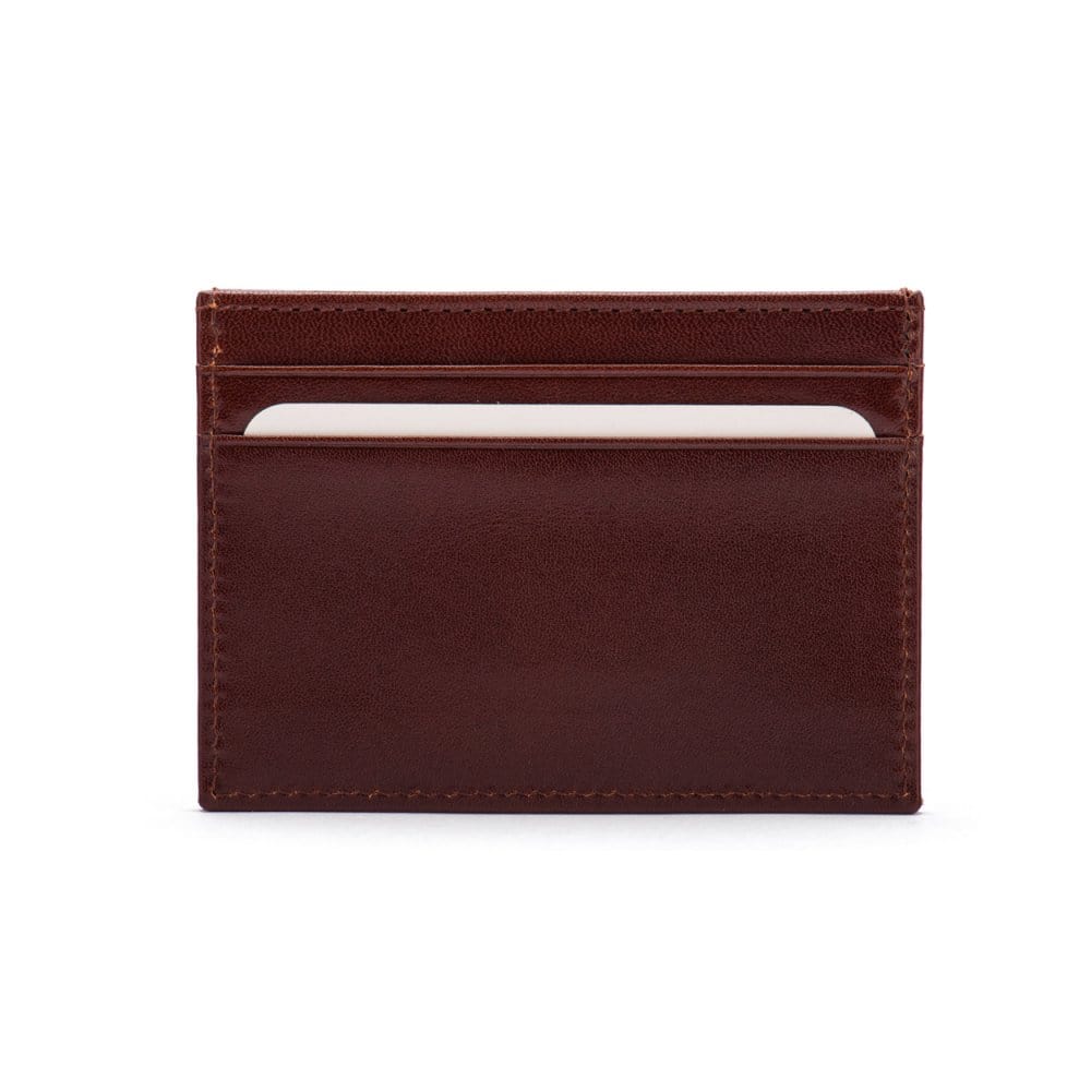Flat leather credit card wallet 4 CC, dark tan, front