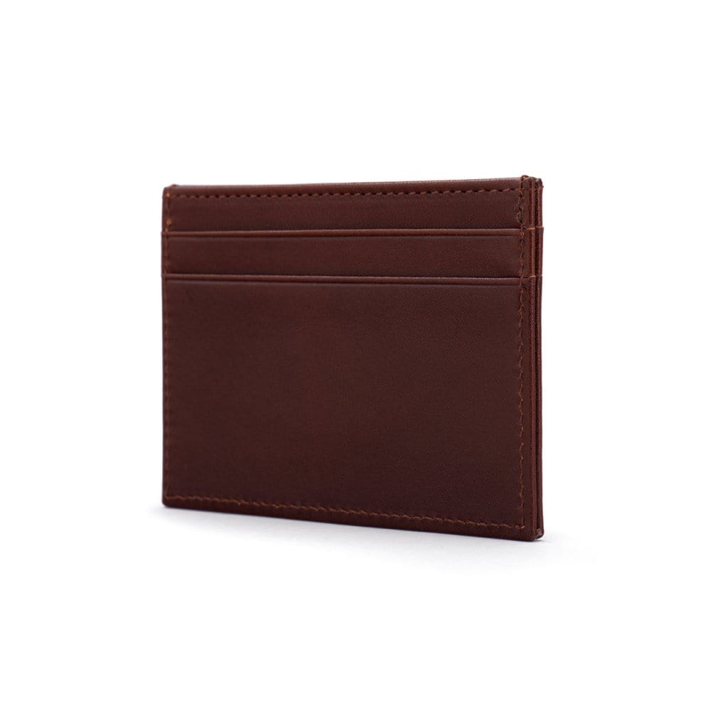 Flat leather credit card wallet 4 CC, dark tan, side