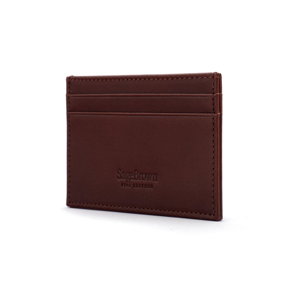 Flat leather credit card wallet 4 CC, dark tan, back