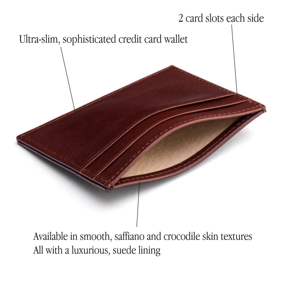 Flat leather credit card wallet 4 CC, dark tan, features