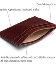 Flat leather credit card wallet 4 CC, dark tan, features