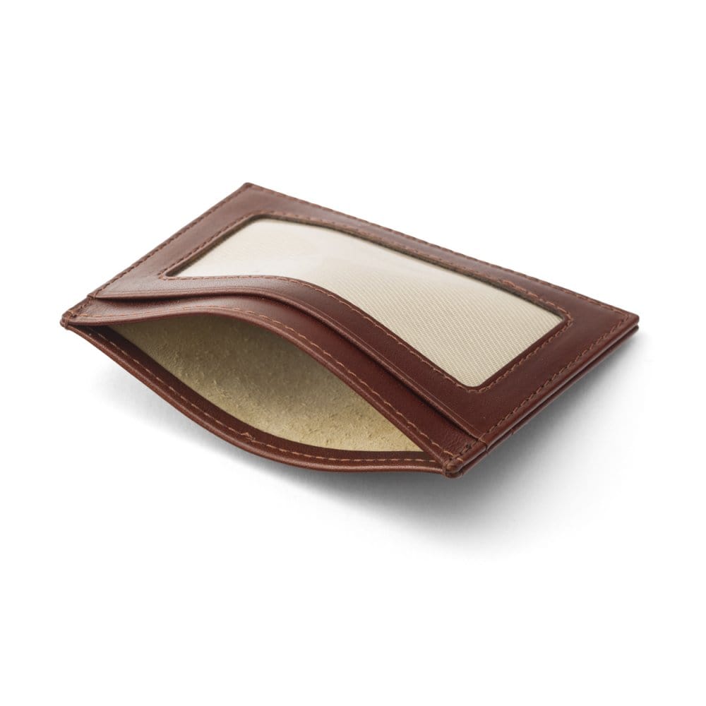 Flat leather card wallet with ID window, dark tan, inside