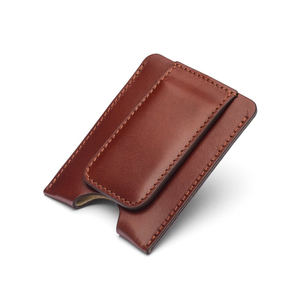 Flat magnetic leather money clip card holder, dark tan, front