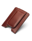 Flat magnetic leather money clip card holder, dark tan, front