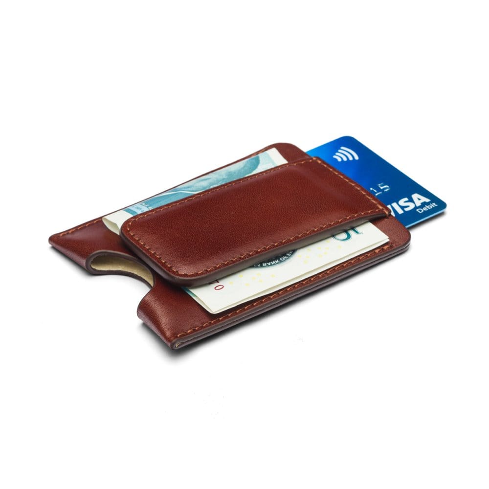 Flat magnetic leather money clip card holder, dark tan, side