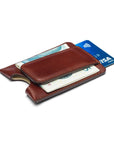 Flat magnetic leather money clip card holder, dark tan, side