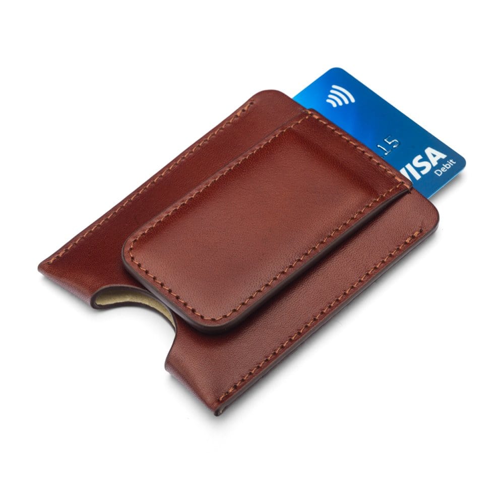 Flat magnetic leather money clip card holder, dark tan