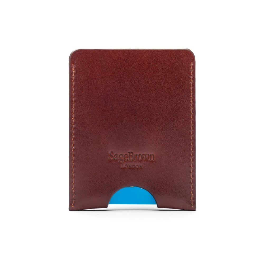 Flat magnetic leather money clip card holder, dark tan, back