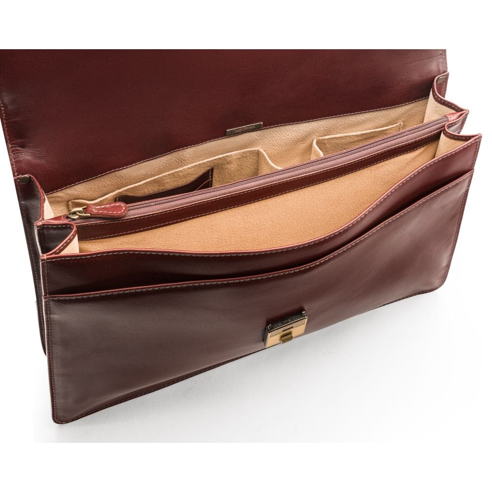 Leather trolley sleeve briefcase, dark tan, inside
