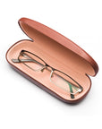 Hard rounded leather glasses case, dark tan, open