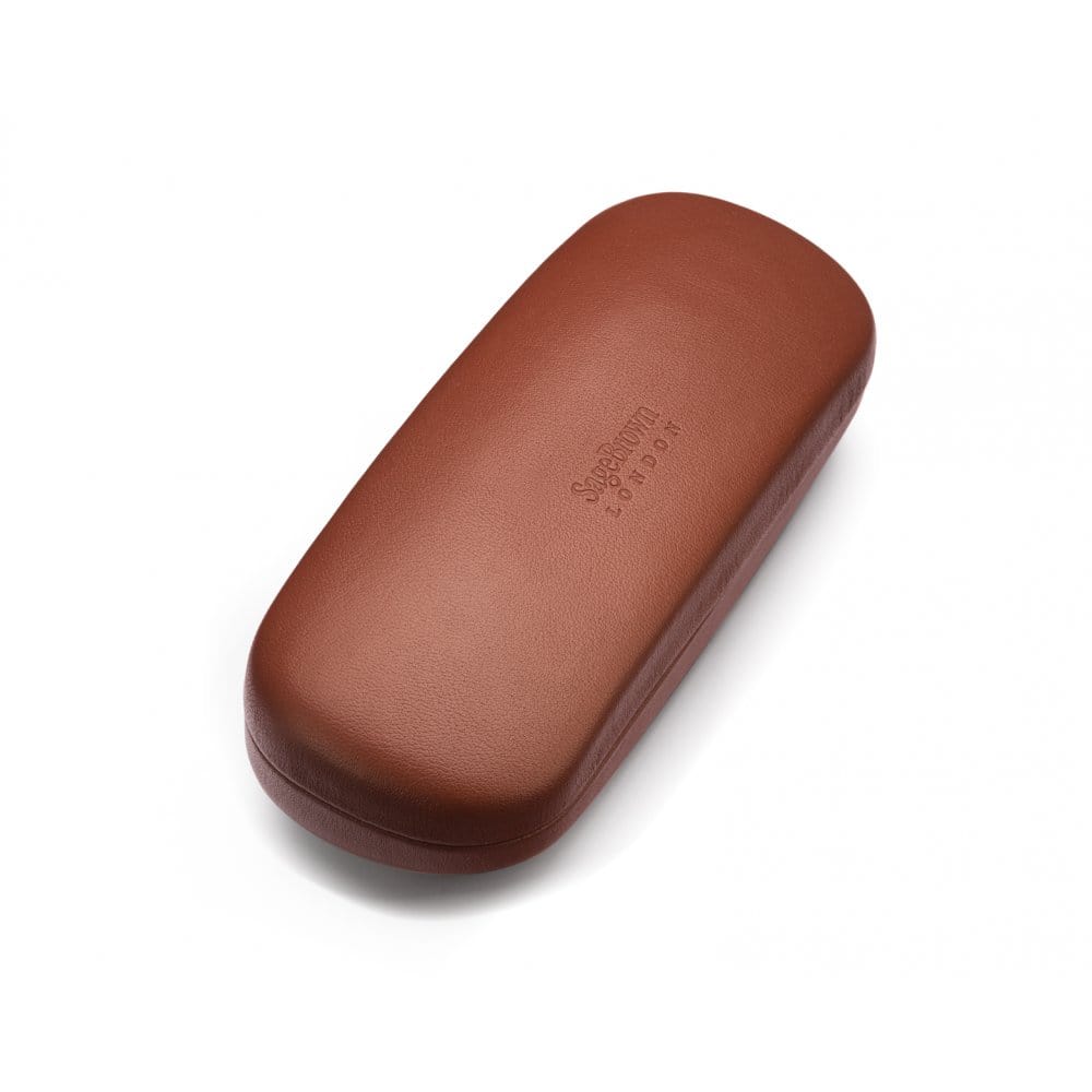 Hard rounded leather glasses case, dark tan, front