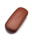 Hard rounded leather glasses case, dark tan, front