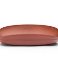 Hard rounded leather glasses case, dark tan, side