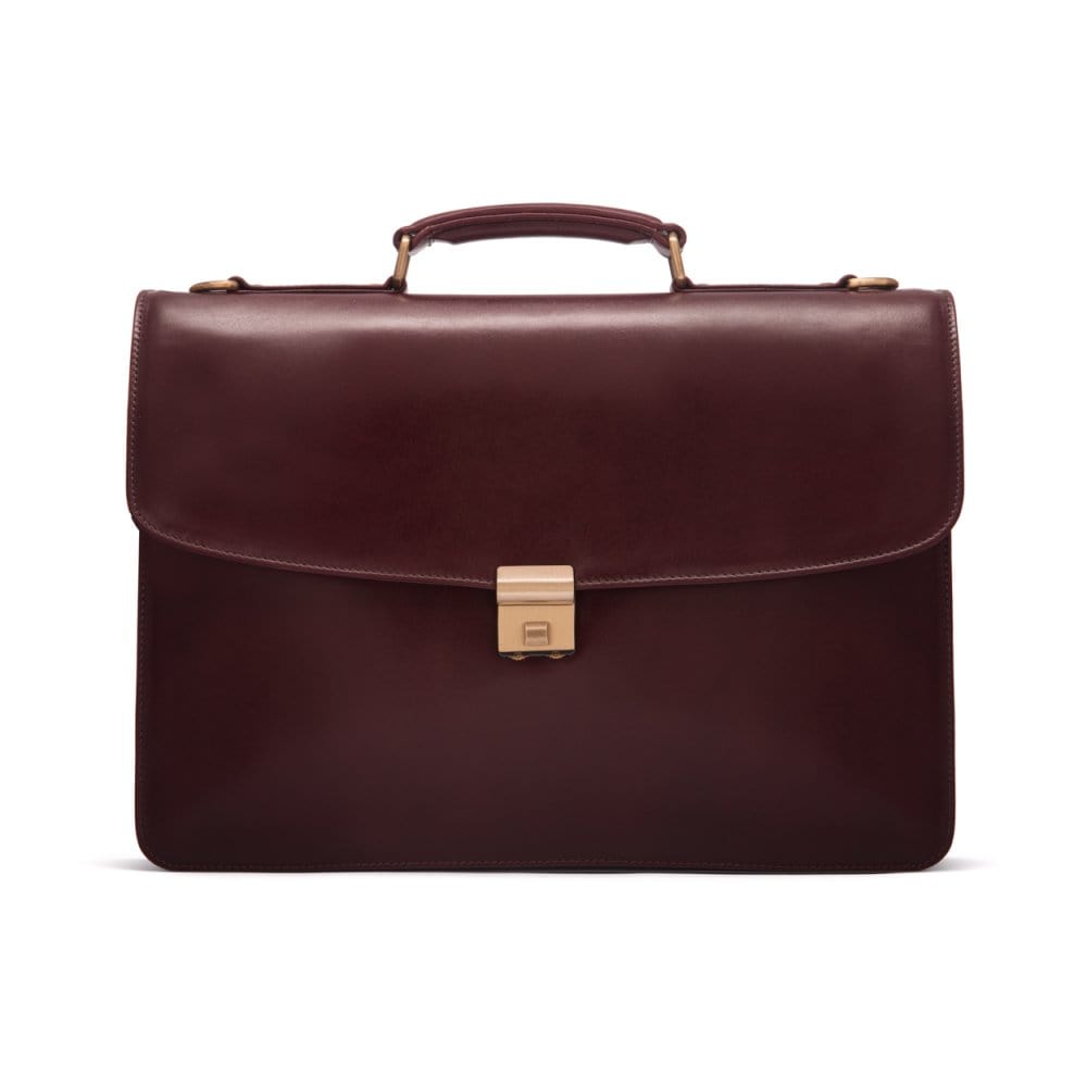 Leather Briefcase with combination lock, Harvard, dark tan, front